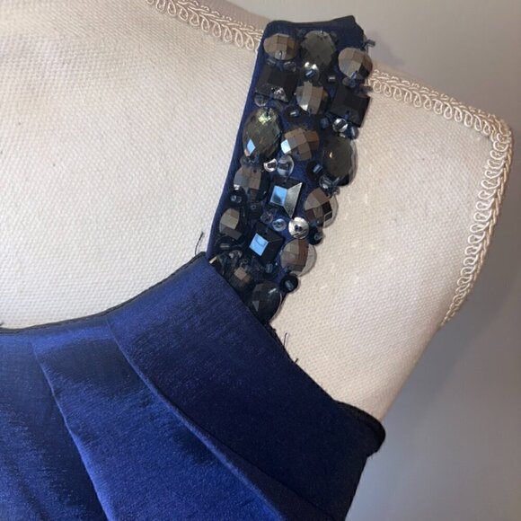 NWT NEW XSCAPE by Joanna Chen Blue Beaded Ruched Cocktail Halter Dress - size 12 - Picture 5 of 6